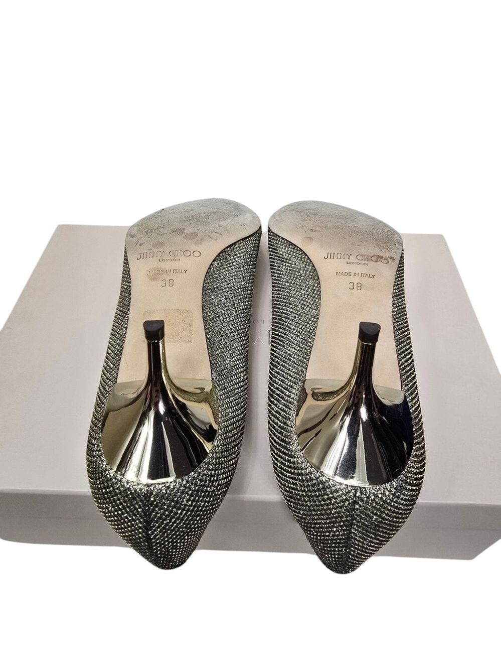 Jimmy Choo Lame Glitter Light Bronze Pointy Toe Kitten Heels 38 - Picture 9 of 12